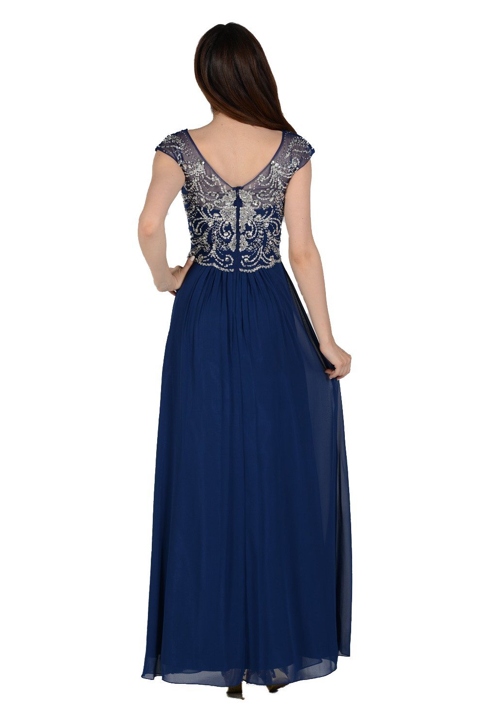 Long Magenta Cap Sleeve Dress with Jeweled Bodice by Poly USA-Long Formal Dresses-ABC Fashion
