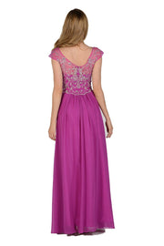 Long Magenta Cap Sleeve Dress with Jeweled Bodice by Poly USA-Long Formal Dresses-ABC Fashion