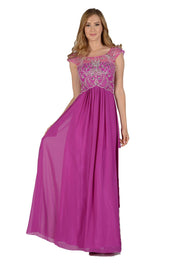Long Magenta Cap Sleeve Dress with Jeweled Bodice by Poly USA-Long Formal Dresses-ABC Fashion