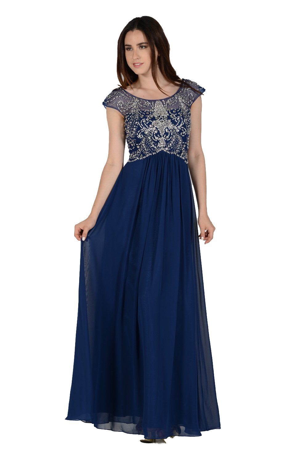 Long Magenta Cap Sleeve Dress with Jeweled Bodice by Poly USA-Long Formal Dresses-ABC Fashion