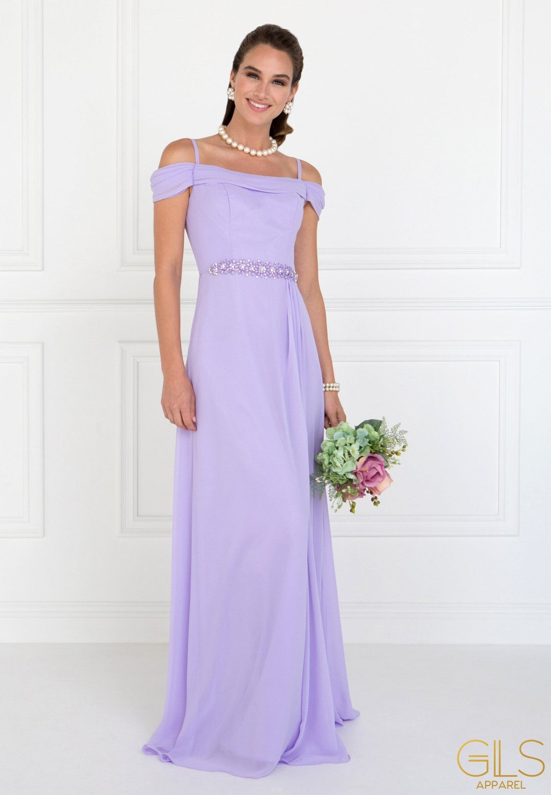 Long Mauve Cold Shoulder Dress with Cowl Back by Elizabeth K-Long Formal Dresses-ABC Fashion