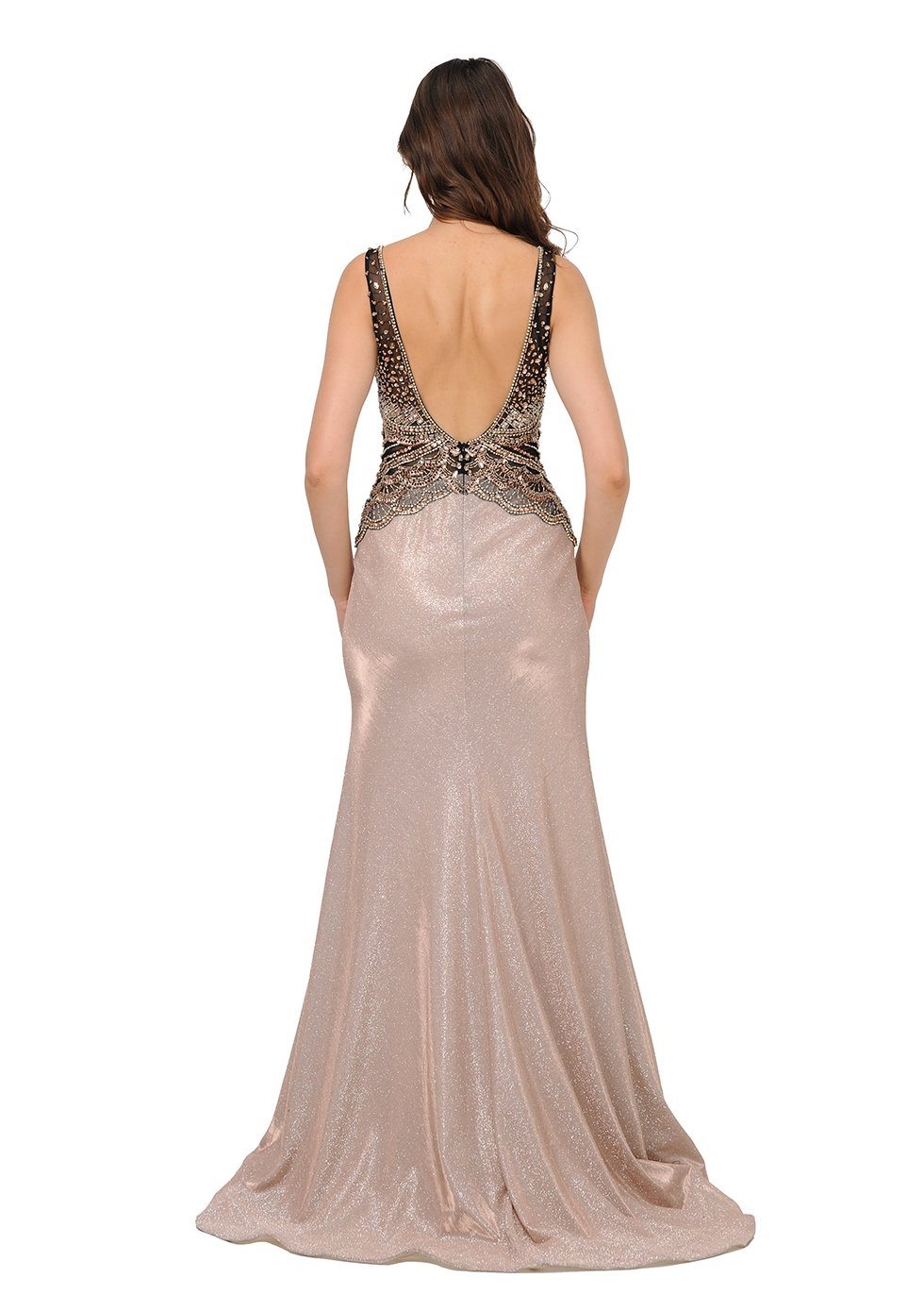 Long Mauve Giltter Dress with Beaded V-Neck Bodice by Poly USA 8400-Long Formal Dresses-ABC Fashion