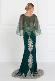 Long Mermaid Cape Dress with Embroidery by Elizabeth K GL1595-Long Formal Dresses-ABC Fashion