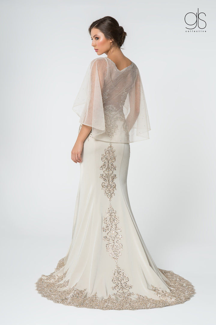 Long Mermaid Cape Dress with Embroidery by Elizabeth K GL1595-Long Formal Dresses-ABC Fashion