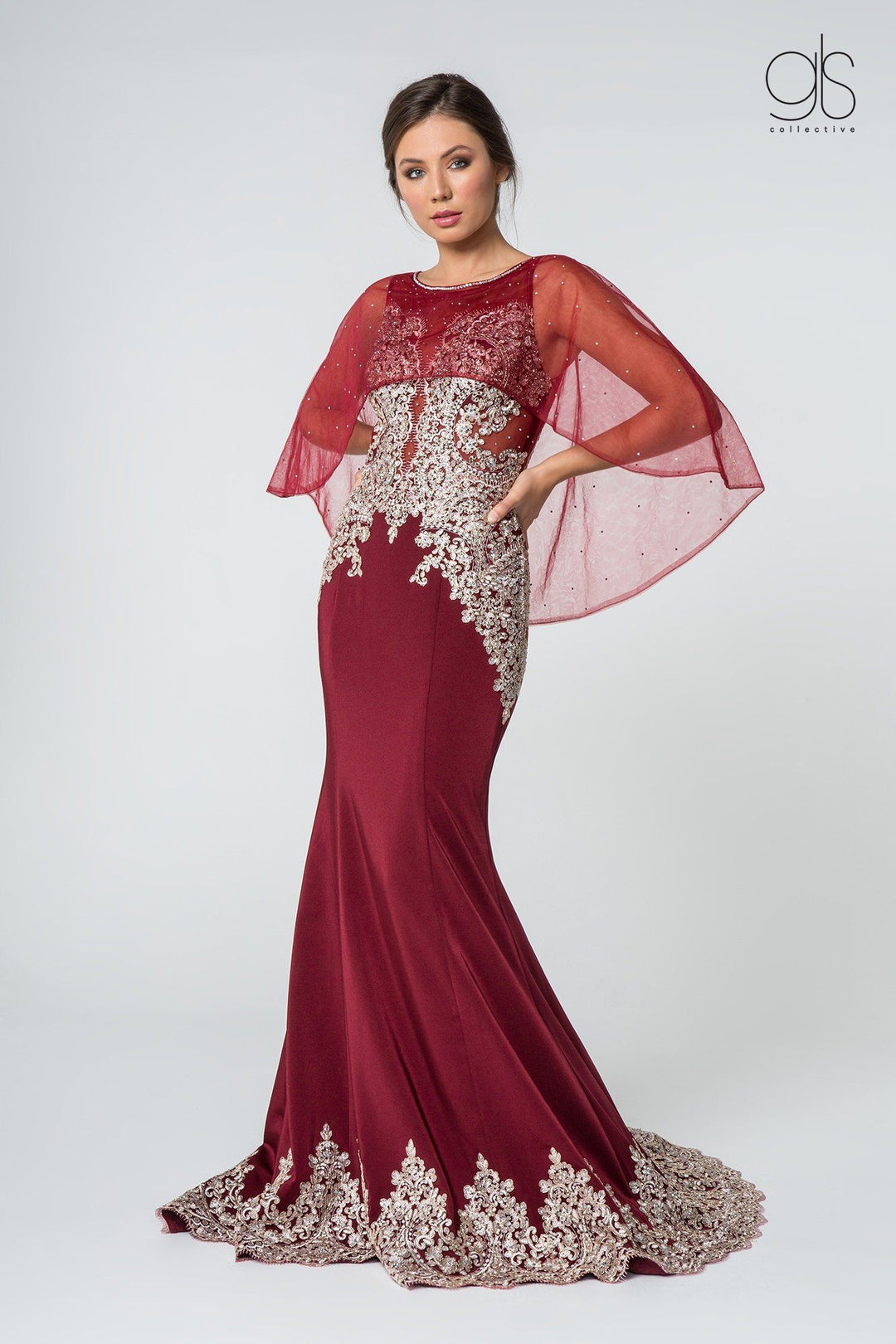 Long Mermaid Cape Dress with Embroidery by Elizabeth K GL1595-Long Formal Dresses-ABC Fashion