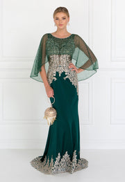 Long Mermaid Cape Dress with Embroidery by Elizabeth K GL1595-Long Formal Dresses-ABC Fashion
