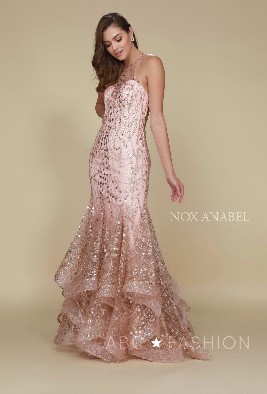 Long Mermaid Dress with Glitter and Rhinestones by Nox Anabel T153-Long Formal Dresses-ABC Fashion