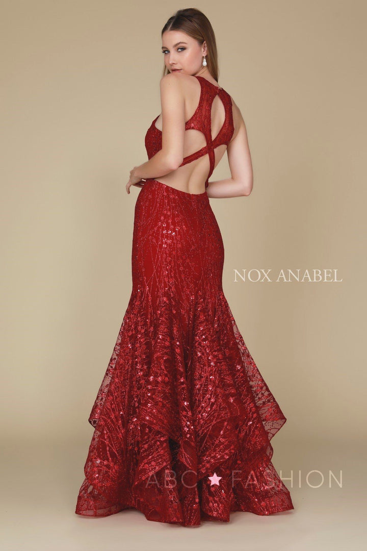Long Mermaid Dress with Glitter and Rhinestones by Nox Anabel T153-Long Formal Dresses-ABC Fashion