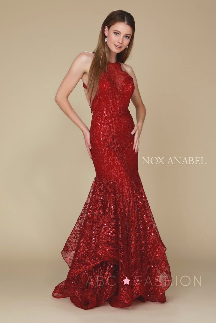 Long Mermaid Dress with Glitter and Rhinestones by Nox Anabel T153-Long Formal Dresses-ABC Fashion