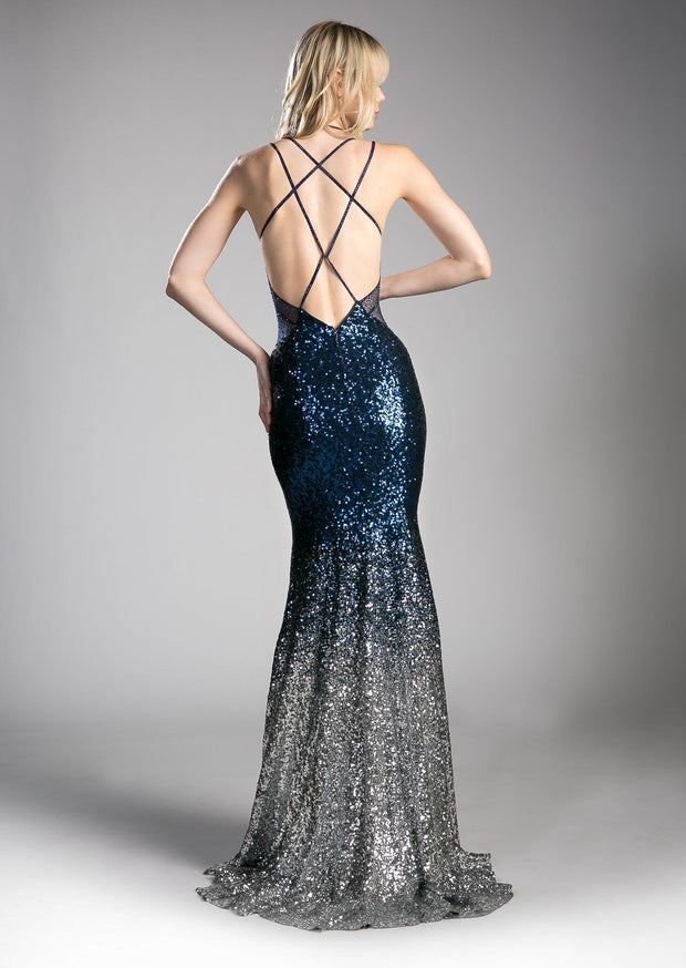 Long Mermaid Sequin Dress with Strappy Back by Cinderella Divine CC8393-Long Formal Dresses-ABC Fashion