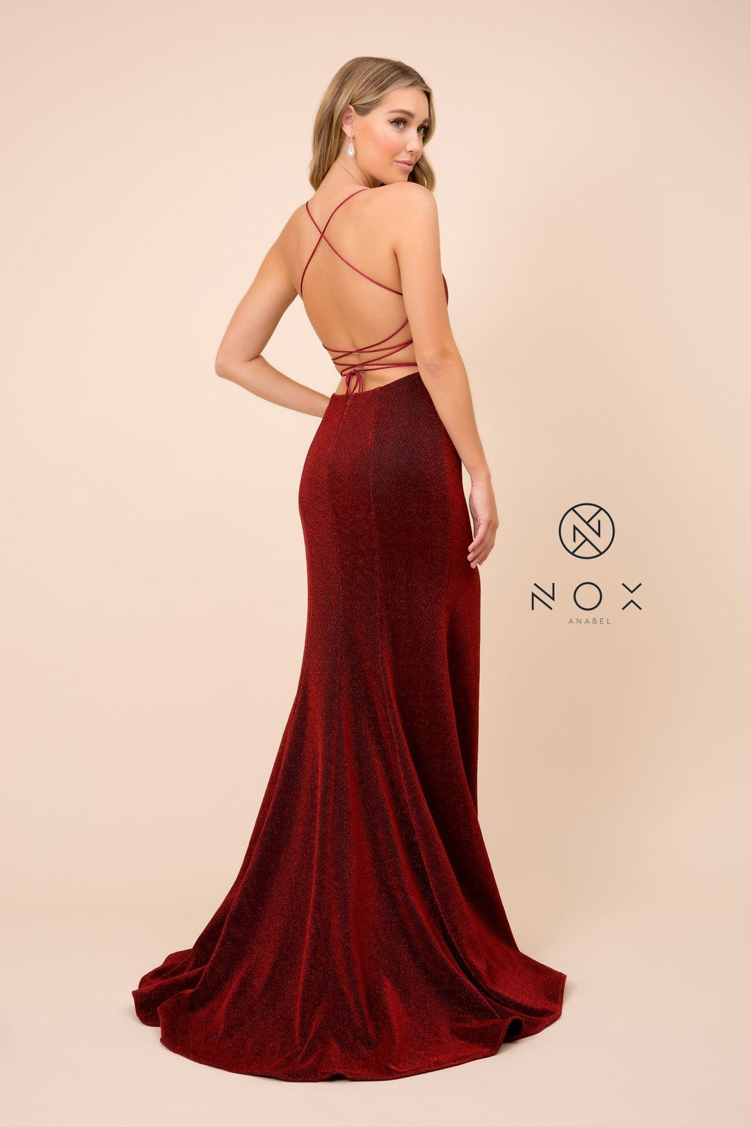 Long Metallic Dress with Corset Back by Nox Anabel R358