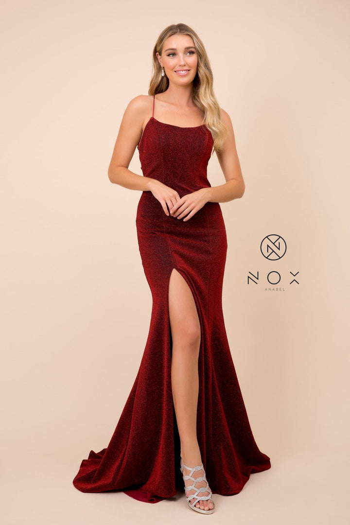 Long Metallic Dress with Corset Back by Nox Anabel R358