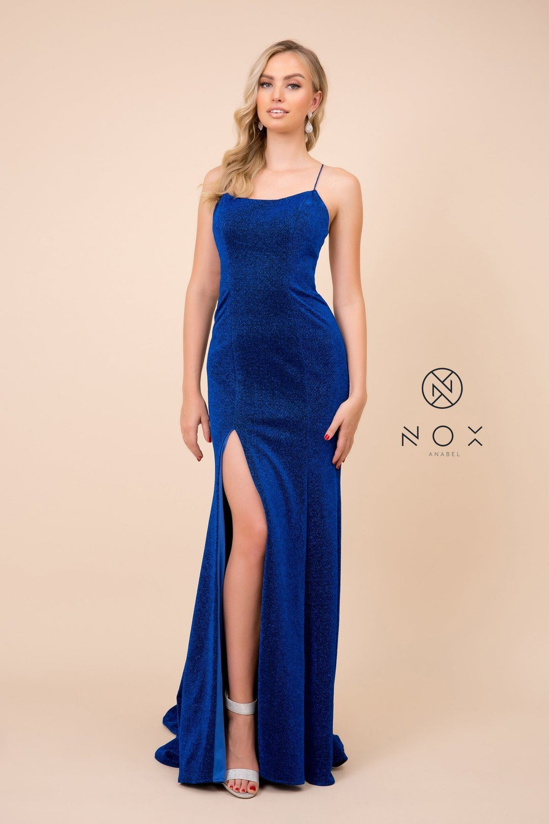 Long Metallic Dress with Corset Back by Nox Anabel R358