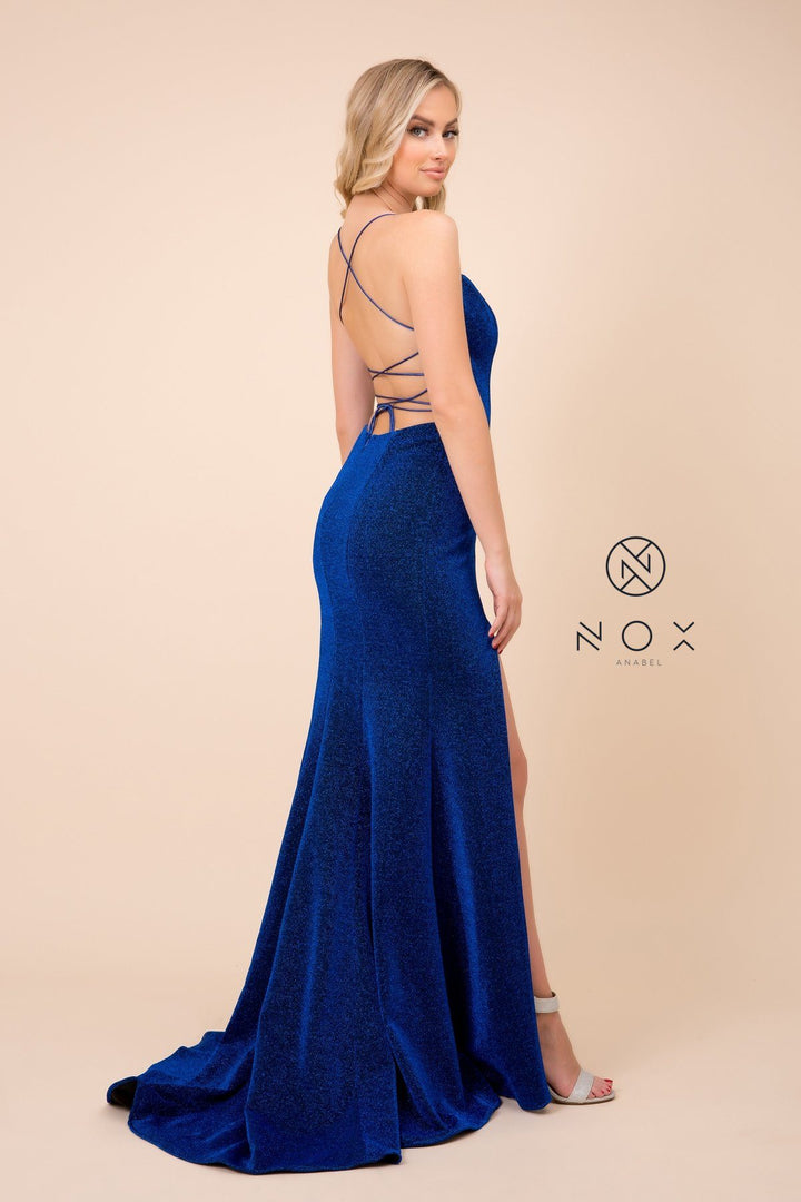 Long Metallic Dress with Corset Back by Nox Anabel R358