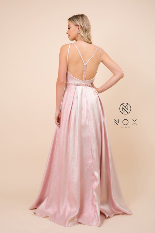 Long Metallic Dress with Illusion Neckline by Nox Anabel M271
