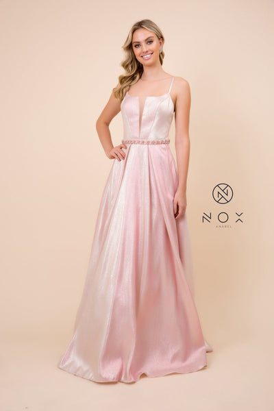 Long Metallic Dress with Illusion Neckline by Nox Anabel M271