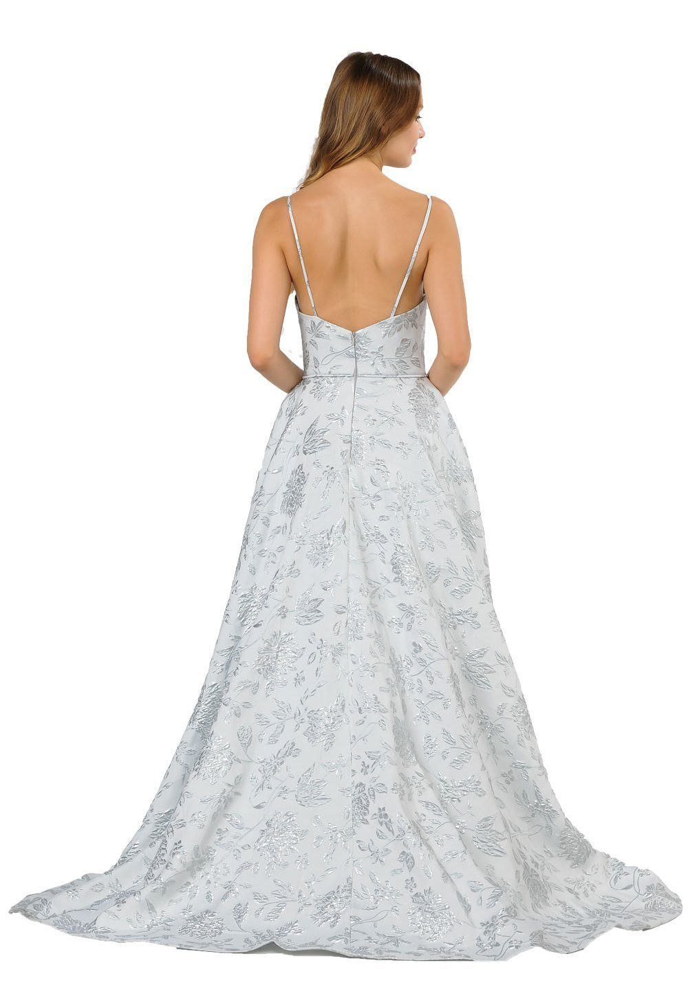 Long Metallic Floral Print Dress with Open Back by Poly USA 8480-Long Formal Dresses-ABC Fashion