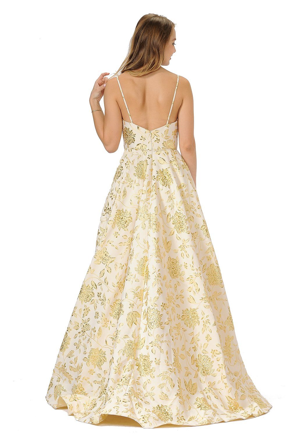 Long Metallic Floral Print Dress with Open Back by Poly USA 8480-Long Formal Dresses-ABC Fashion