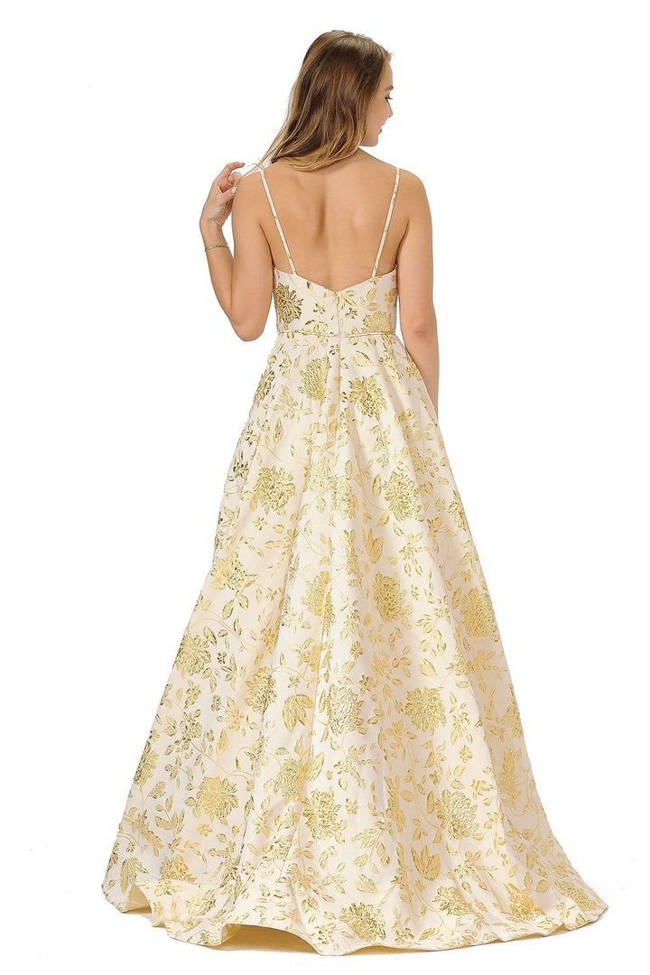 Long Metallic Floral Print Dress with Open Back by Poly USA 8480-Long Formal Dresses-ABC Fashion