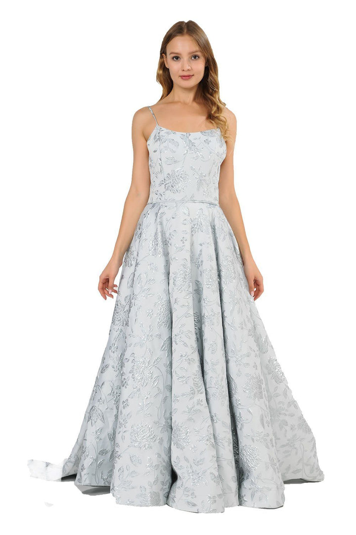 Long Metallic Floral Print Dress with Open Back by Poly USA 8480-Long Formal Dresses-ABC Fashion