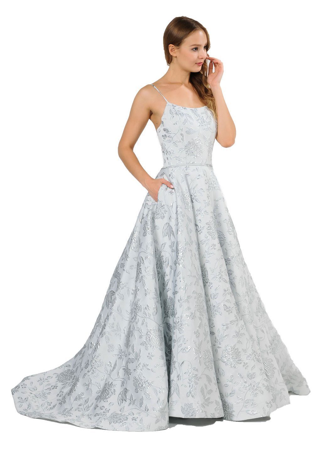 Long Metallic Floral Print Dress with Open Back by Poly USA 8480-Long Formal Dresses-ABC Fashion