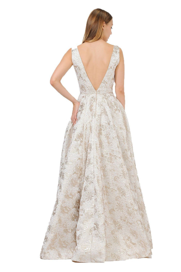 Long Metallic Floral Print Dress with Pockets by Poly USA 8474-Long Formal Dresses-ABC Fashion