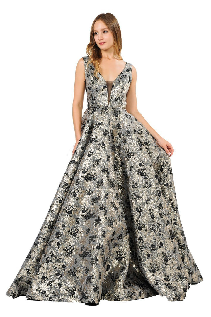 Long Metallic Floral Print Dress with Pockets by Poly USA 8474-Long Formal Dresses-ABC Fashion