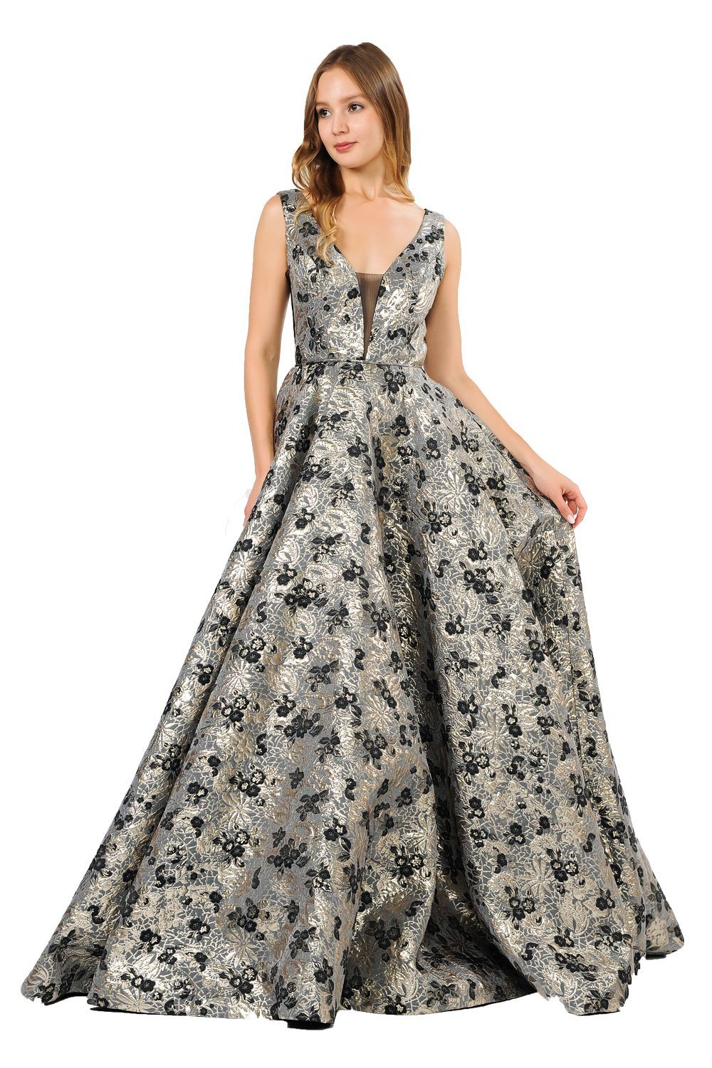 Long Metallic Floral Print Dress with Pockets by Poly USA 8474 S / Black/Gold Long Metallic Floral Print Dress with Pockets by Poly USA 8474 S / Black/Gold