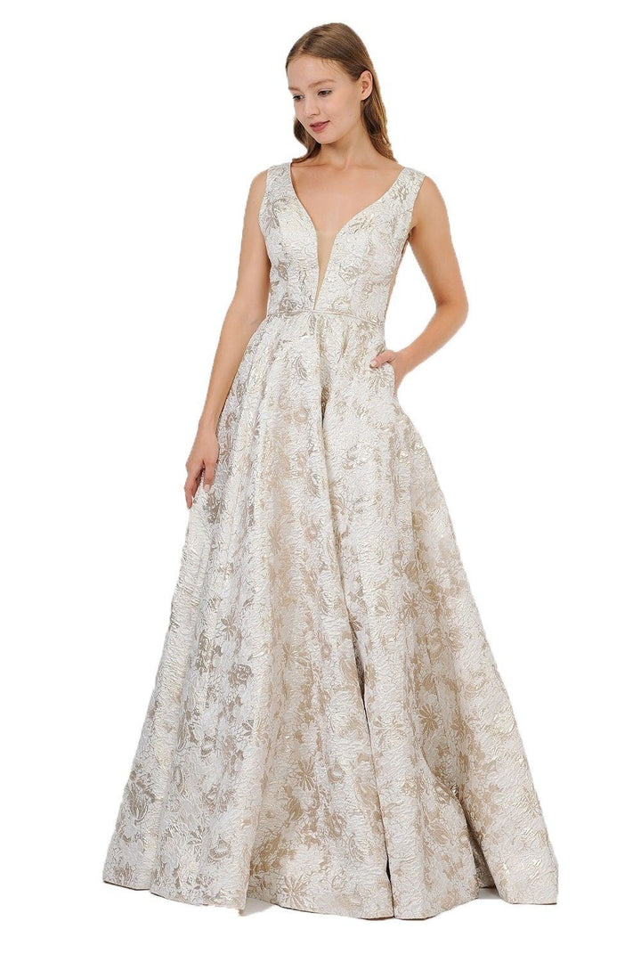 Long Metallic Floral Print Dress with Pockets by Poly USA 8474-Long Formal Dresses-ABC Fashion