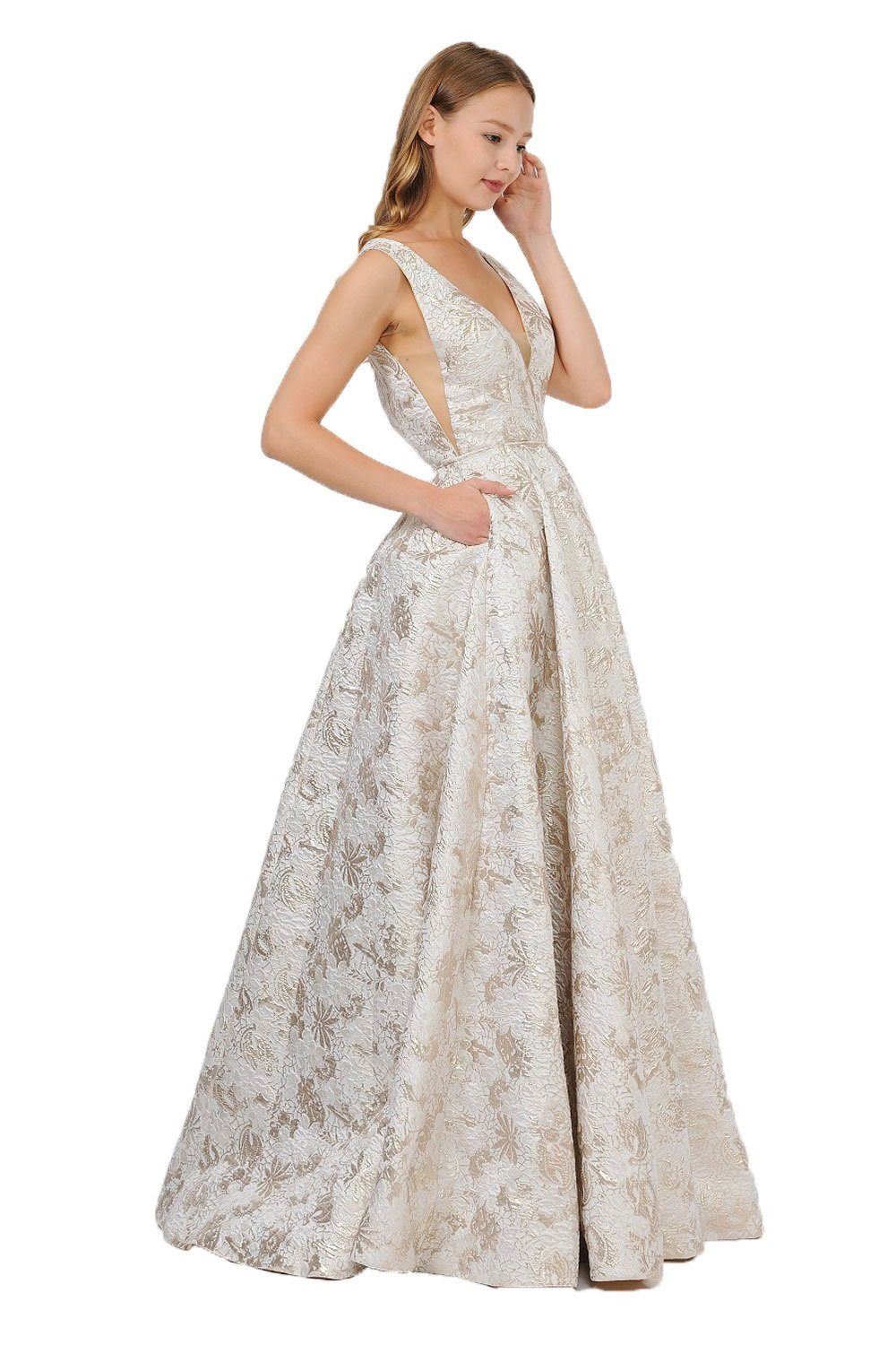 Long Metallic Floral Print Dress with Pockets by Poly USA 8474-Long Formal Dresses-ABC Fashion