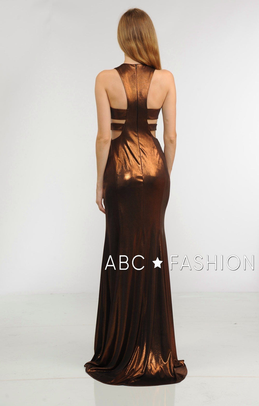 Long Metallic Foil Dress with Side Cutouts by Poly USA 8270-Long Formal Dresses-ABC Fashion