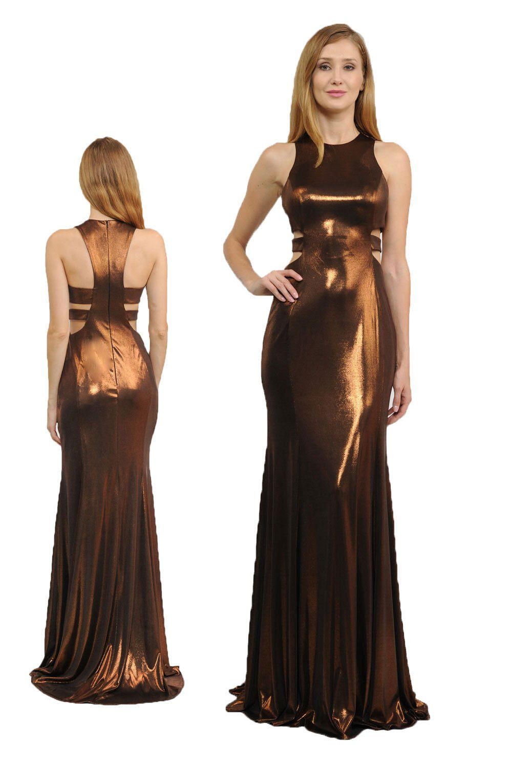 Long Metallic Foil Dress with Side Cutouts by Poly USA 8270-Long Formal Dresses-ABC Fashion