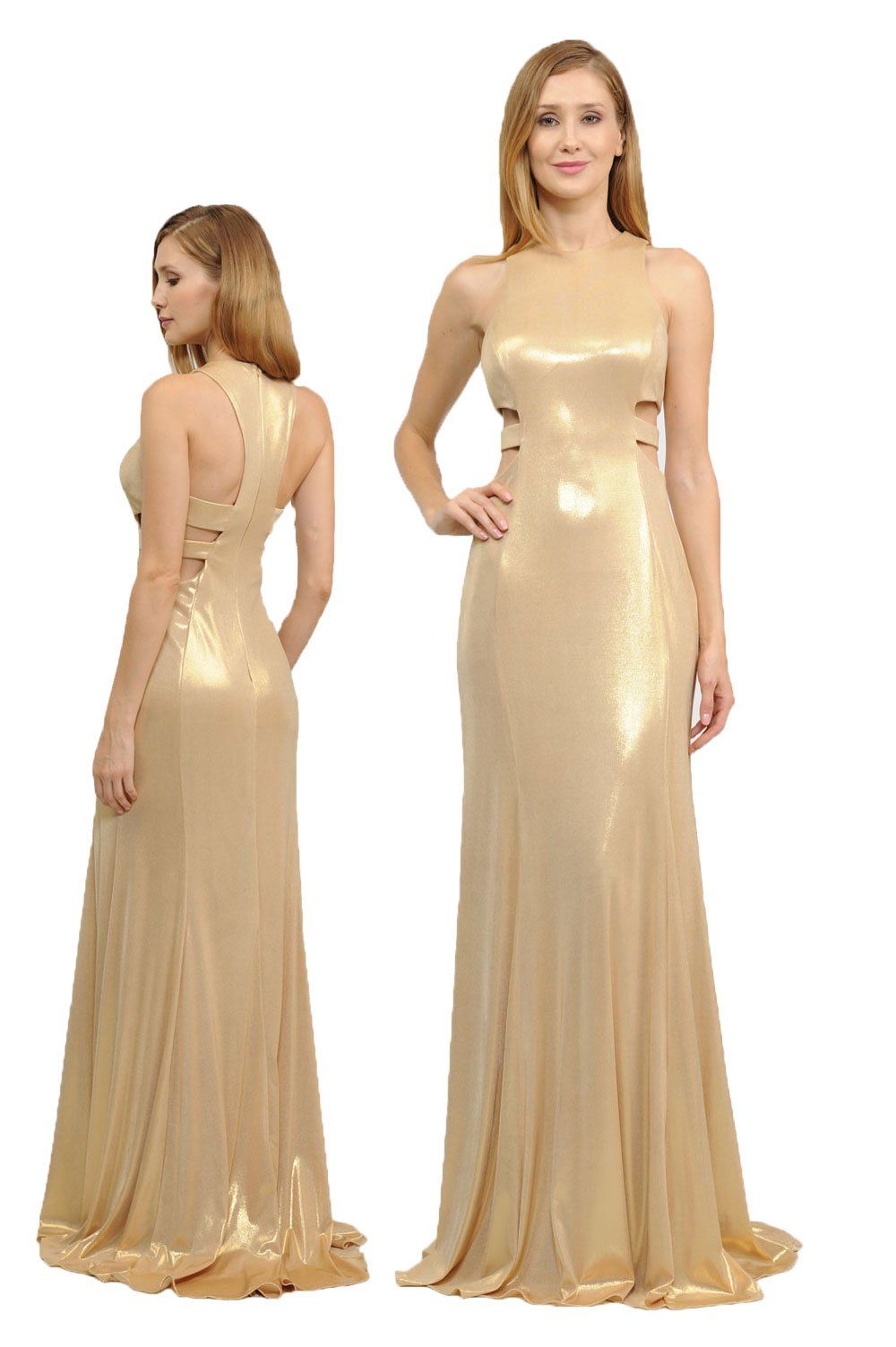 Long Metallic Foil Dress with Side Cutouts by Poly USA 8270-Long Formal Dresses-ABC Fashion