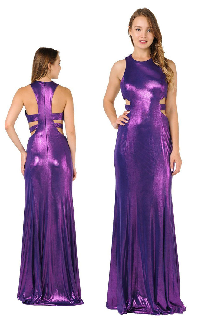 Long Metallic Foil Dress with Side Cutouts by Poly USA 8270-Long Formal Dresses-ABC Fashion