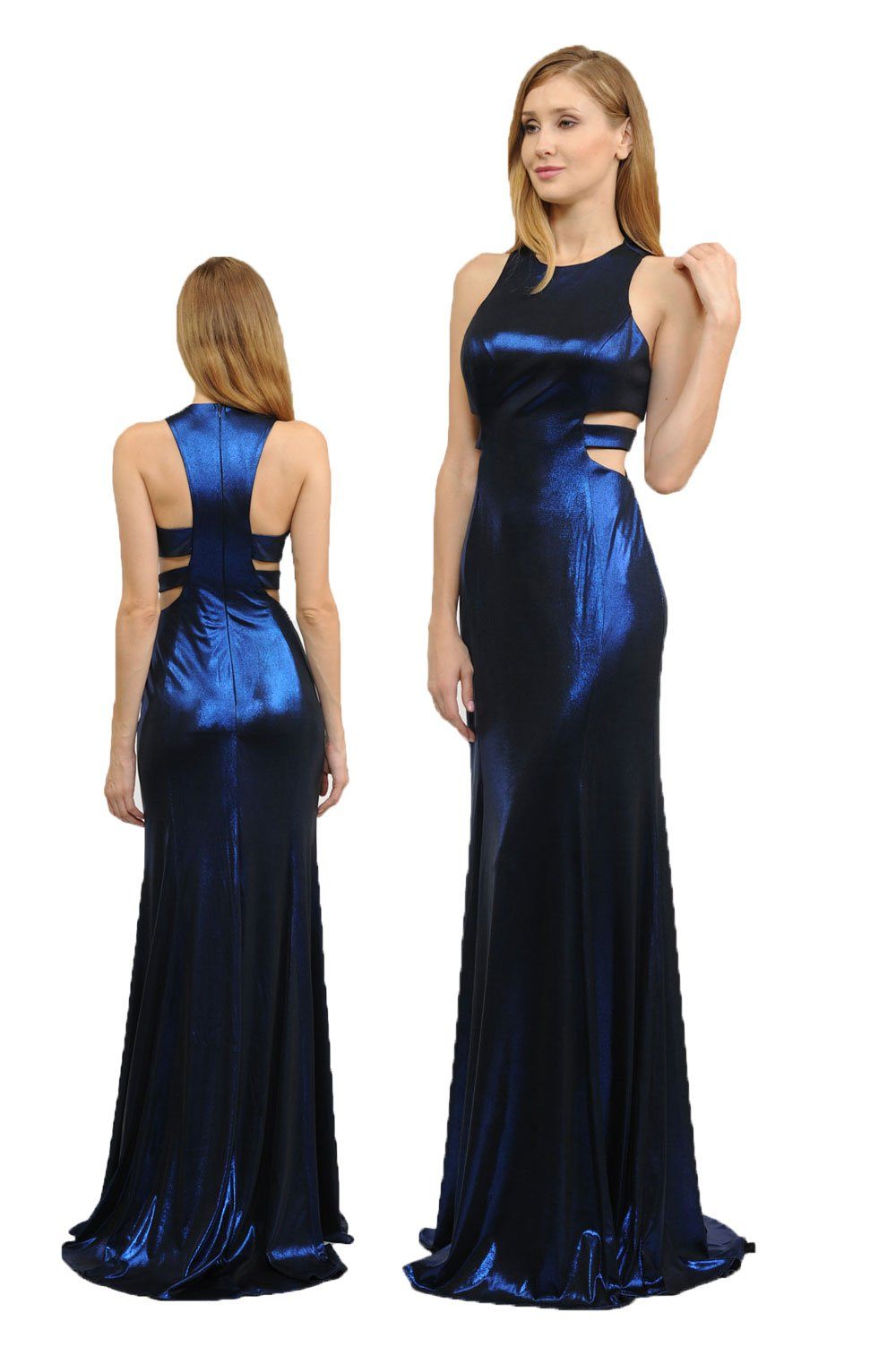 Long Metallic Foil Dress with Side Cutouts by Poly USA 8270-Long Formal Dresses-ABC Fashion