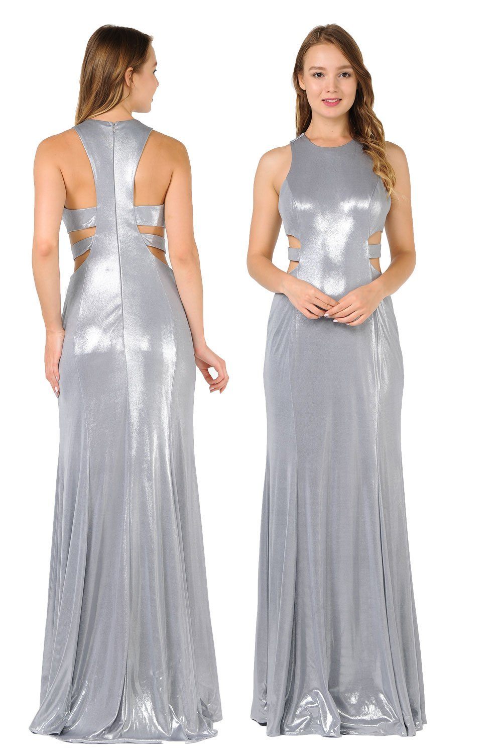 Long Metallic Foil Dress with Side Cutouts by Poly USA 8270-Long Formal Dresses-ABC Fashion