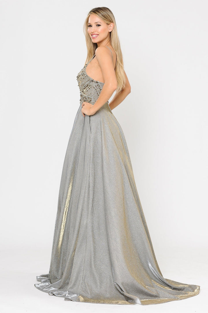 Long Metallic Glitter Dress with Beaded Bodice by Poly USA 8414