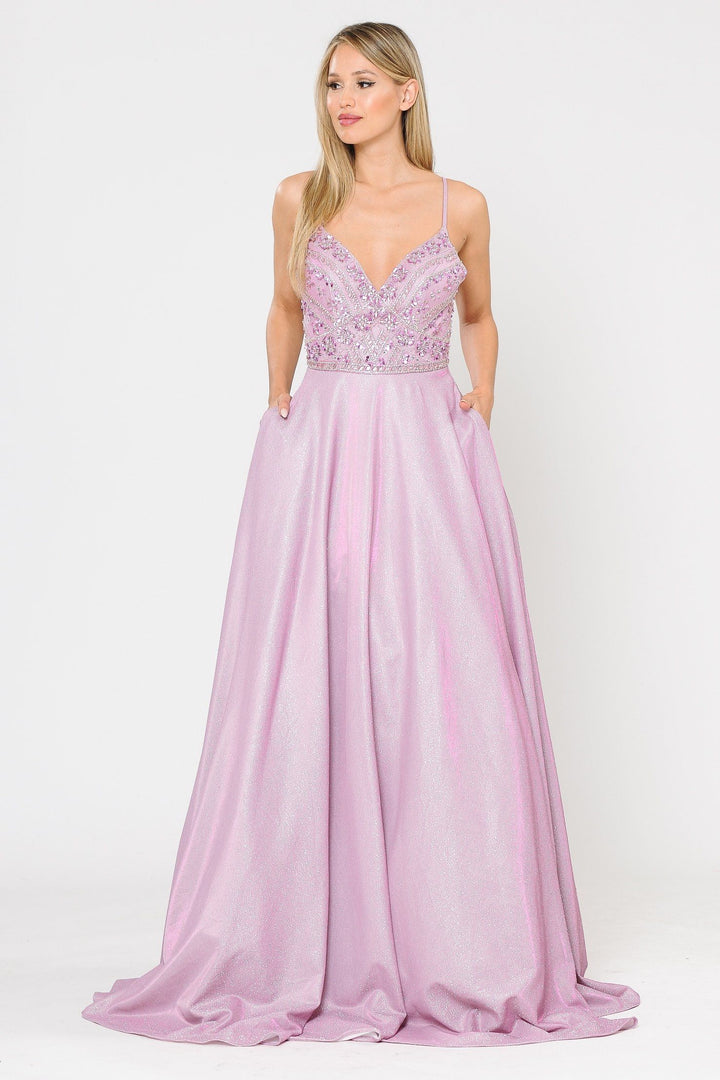 Long Metallic Glitter Dress with Beaded Bodice by Poly USA 8414
