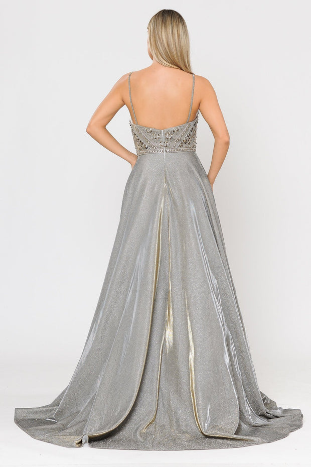Long Metallic Glitter Dress with Beaded Bodice by Poly USA 8414