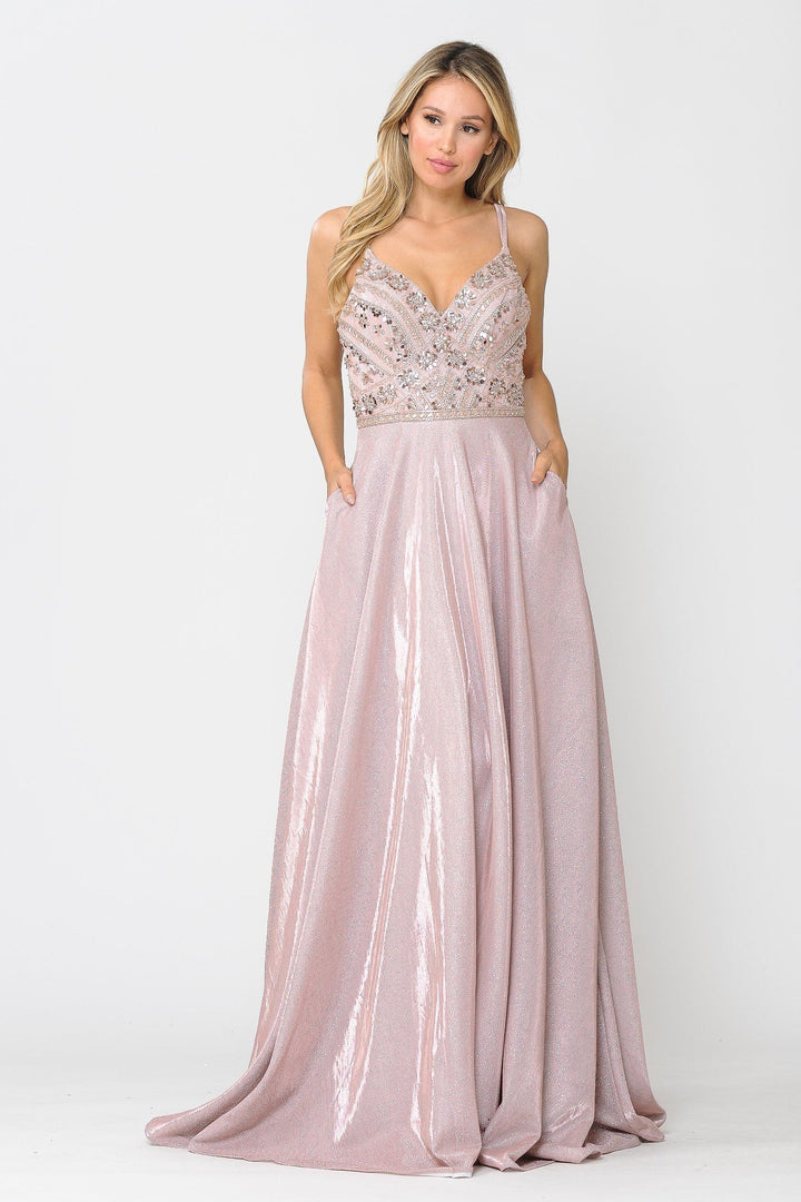 Long Metallic Glitter Dress with Beaded Bodice by Poly USA 8414