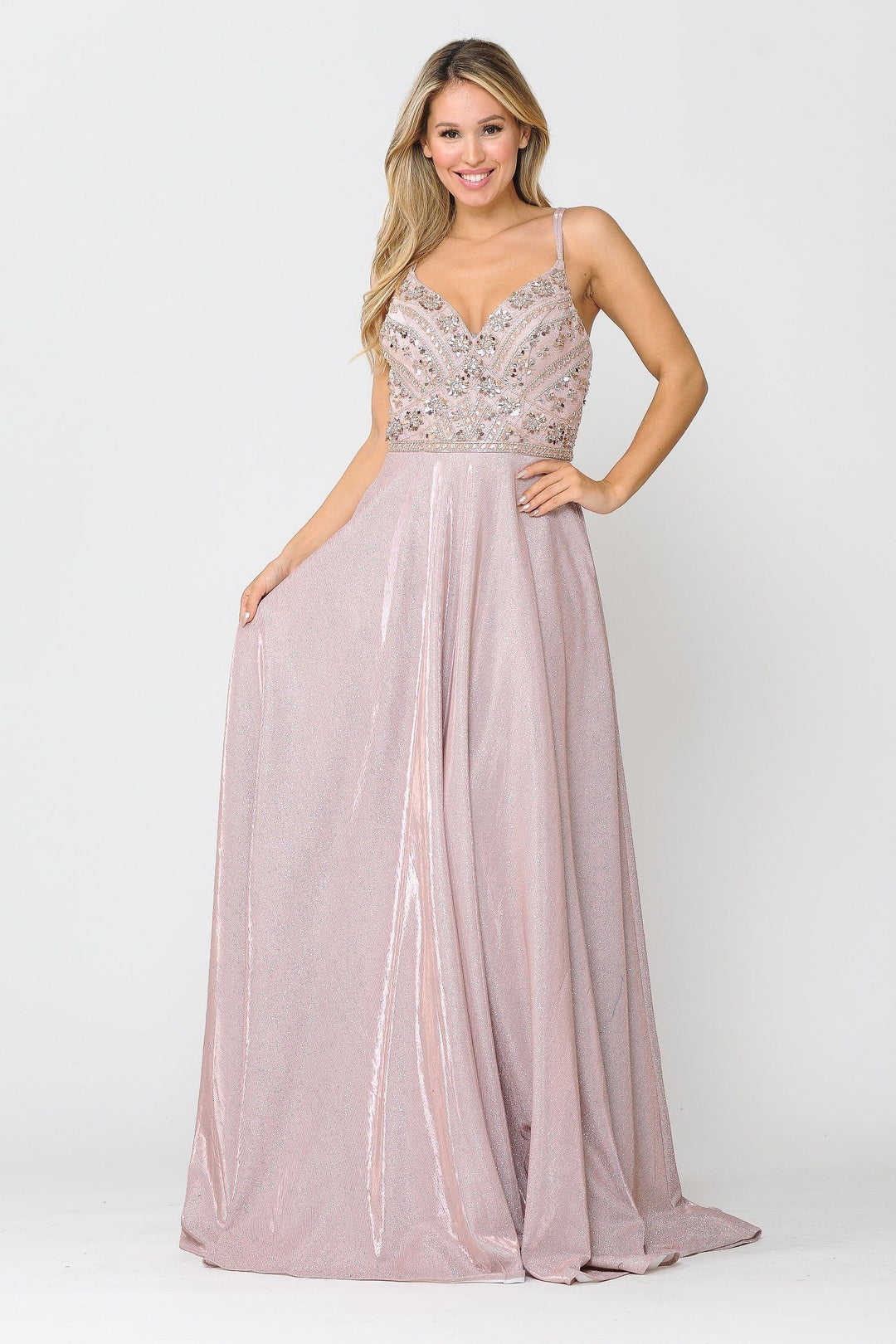 Long Metallic Glitter Dress with Beaded Bodice by Poly USA 8414