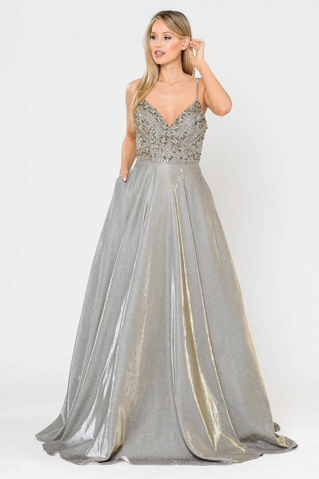 Long Metallic Glitter Dress with Beaded Bodice by Poly USA 8414