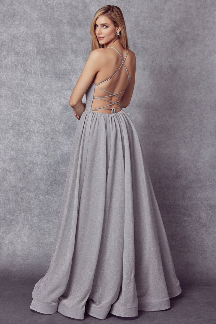 Long Metallic Glitter Dress with Lace-Up Back by Juliet 204