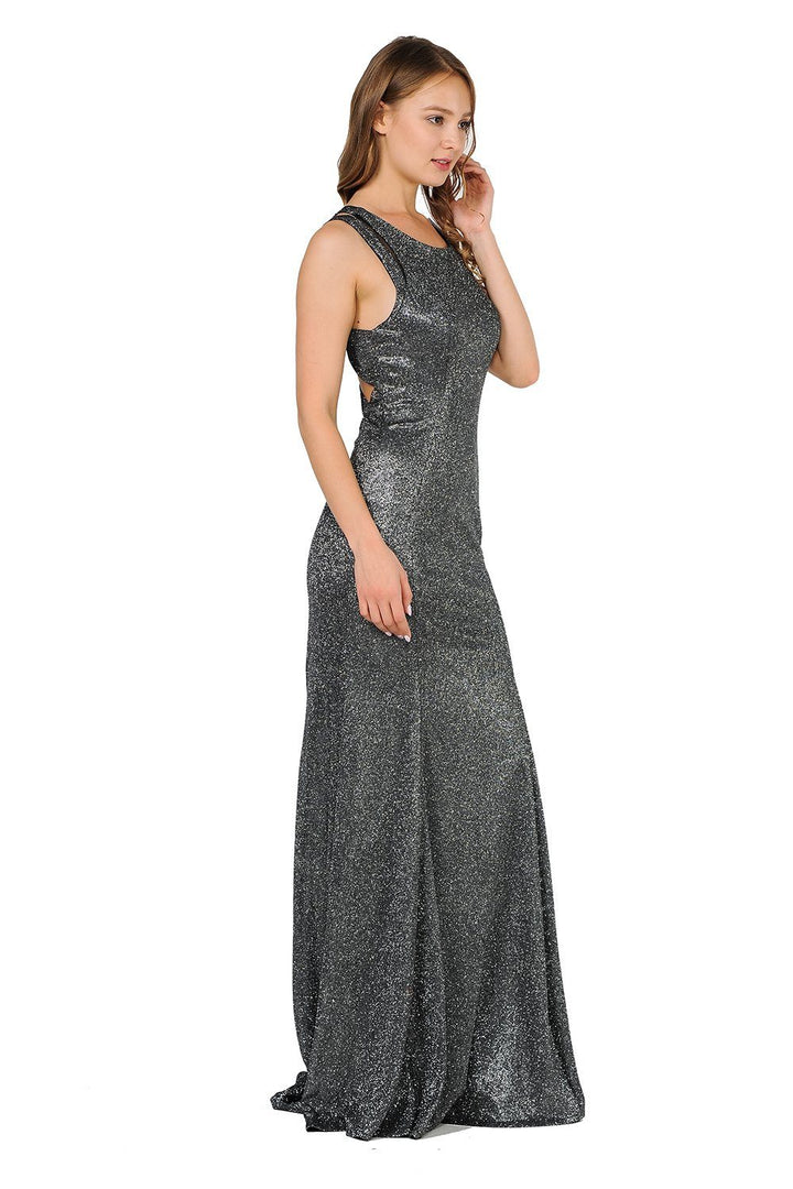 Long Metallic Glitter Dress with Open Back Cut Outs by Poly USA 8342-Long Formal Dresses-ABC Fashion