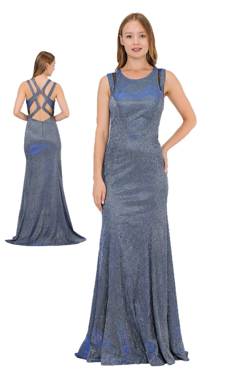 Long Metallic Glitter Dress with Open Back Cut Outs by Poly USA 8342-Long Formal Dresses-ABC Fashion