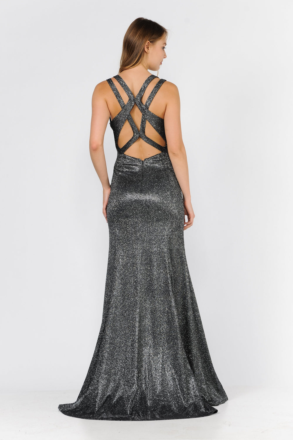 Long Metallic Glitter Dress with Open Back Cut Outs by Poly USA 8342-Long Formal Dresses-ABC Fashion