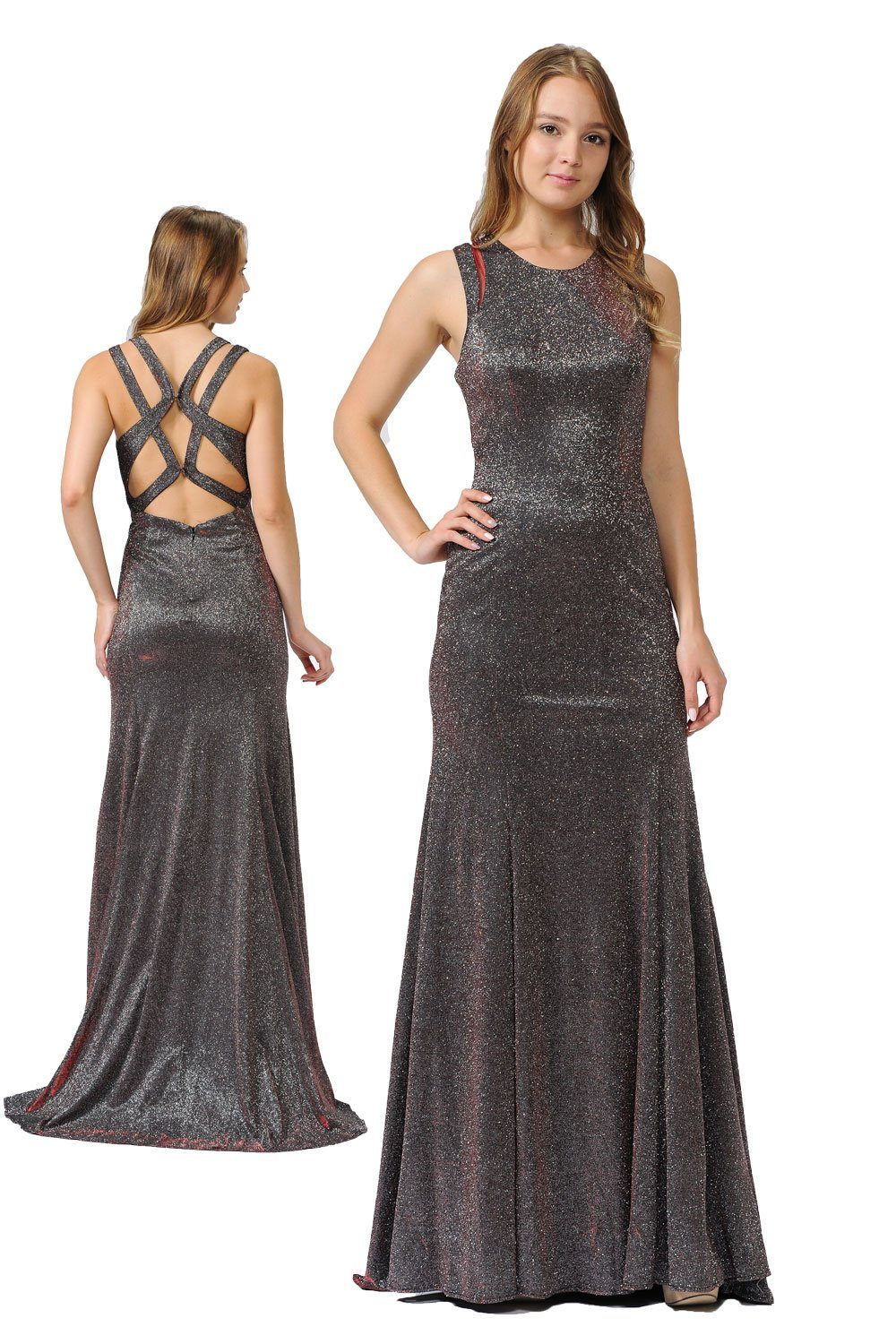 Long Metallic Glitter Dress with Open Back Cut Outs by Poly USA 8342