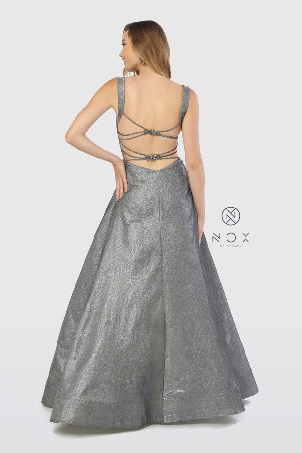 Long Metallic Glitter Dress with Strappy Back by Nox Anabel C240-Long Formal Dresses-ABC Fashion