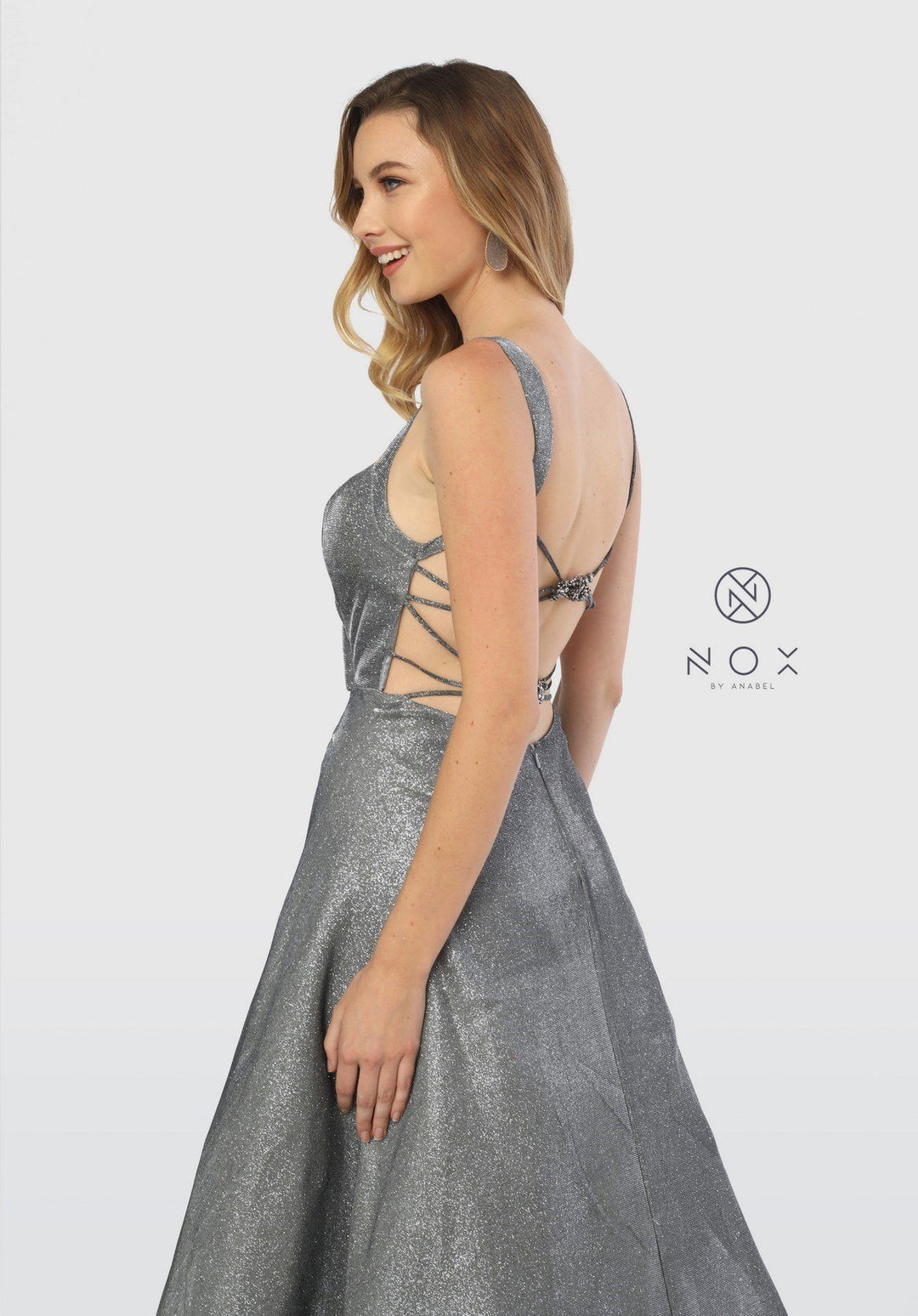 Long Metallic Glitter Dress with Strappy Back by Nox Anabel C240-Long Formal Dresses-ABC Fashion