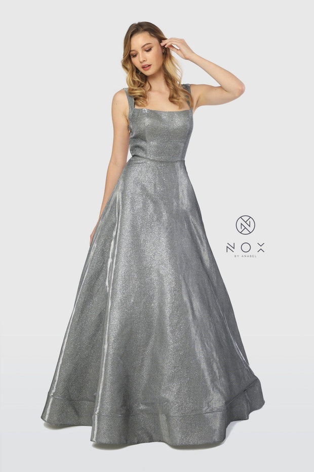 Long Metallic Glitter Dress with Strappy Back by Nox Anabel C240-Long Formal Dresses-ABC Fashion